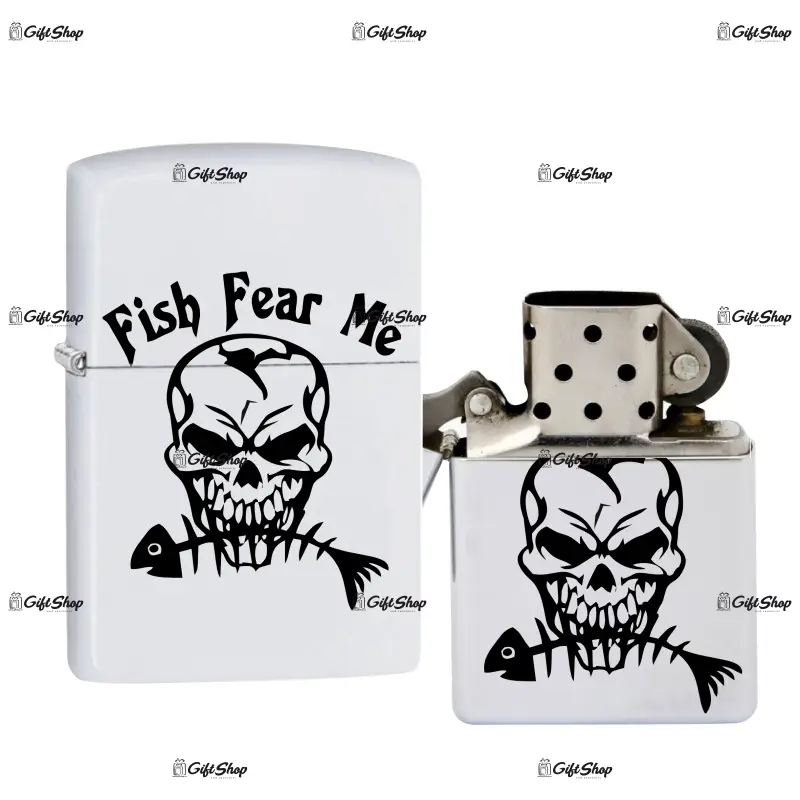 Fish fear me, bricheta metalica gravata laser cu mesaj